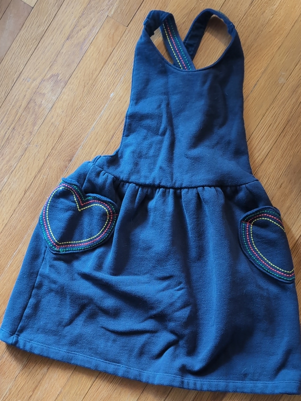Mini Boden Navy Pinafore Skirt with Rainbow-Trim Heart Pockets